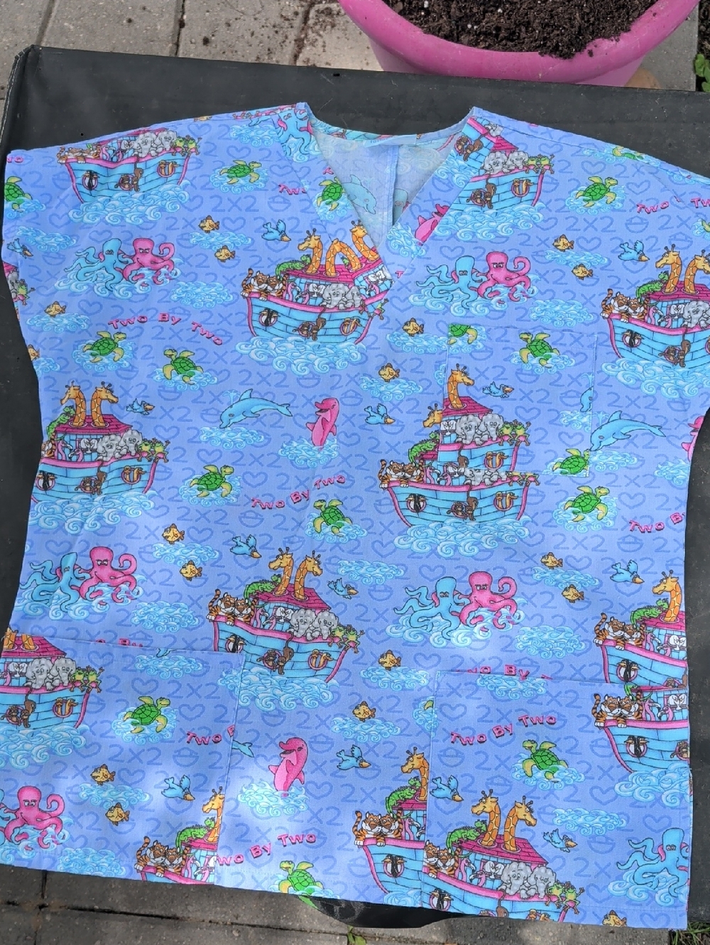 Fashion Scrubs Blue Noah's Ark Animal Print Scrub Top